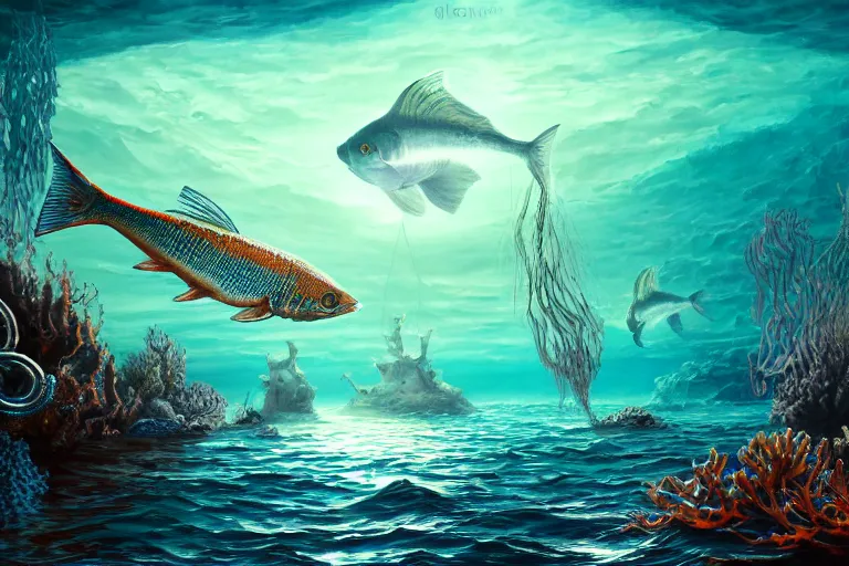 Image similar to fish hunting for humans, under the sea, sci - fi, fantasy, intricate, elegant, highly detailed, concept art, high contrast, sharp focus, oil painting, 4 k