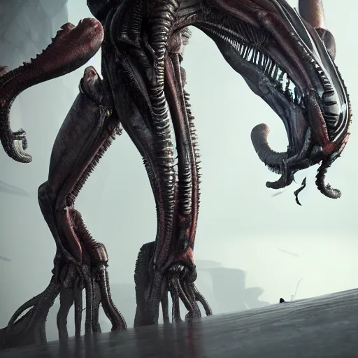 Image similar to centered photorealistic antropomorphic xenomorph inspired by Giger, sinister background, octane render, unreal engine 4k, volumetric light, fog, wide shot, detailed