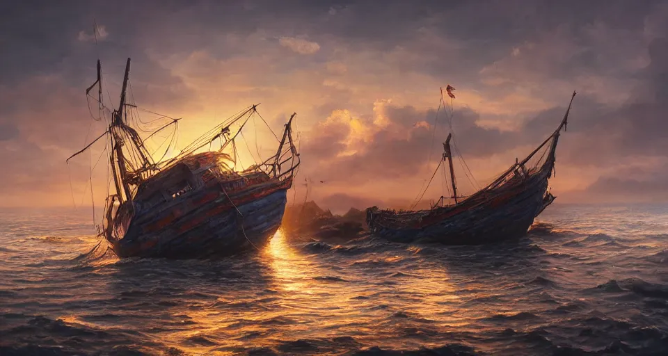 Prompt: a beautiful painting of a shipwreck of a fishing boat, gigantic, octane render, brilliantly coloured, intricate, ultra wide angle, trending on artstation, dusk, volumetric lighting, polished, micro details, ray tracing, 8k