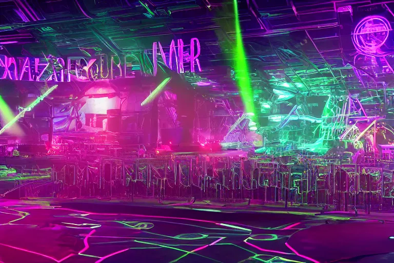 Image similar to a concert stage, big glowing letters over the stage tripmachine, center of the stage is a big futuristic steampunk generator surrounded by speaker towers, rock musicians on the stage, laser show, 8 k, fluorescent colors, halluzinogenic, multicolored, exaggerated detailed, unreal engine