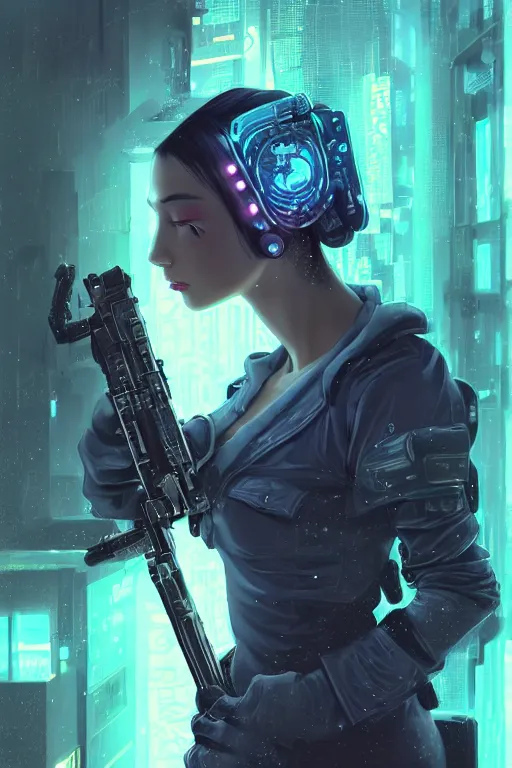 Image similar to portrait futuristic trustworthy cyberpunk young female gunner, in futuristic stormy heavy snowy tokyo rooftop cyberpunk night, ssci-fi, fantasy, intricate, very very beautiful, elegant, neon light, highly detailed, digital painting, concept art, human anatomy, soft light, hdri, smooth, sharp focus, illustration, art by tian zi and craig mullins and WLOP and alphonse mucha