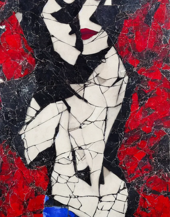 Prompt: languid temptation. paper collage with shattered glass and marble texture in style of contemporary art, punk art, photorealistic face, expressionism, masterpiece, perfect composition, photorealistic beautiful face, spectacular quality, intricate oil details, red, white, blue, black