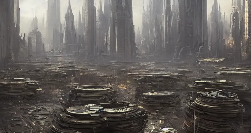 Prompt: hyper realistic sci - fi matte concept art painting of city made from giant stacks of disks, beautiful details, strong composition painted by kim jung guweta studio rutkowski, james gurney and greg rutkowski, and lucasfilm, smooth, intricate, detailed, sharp focus, cinematic