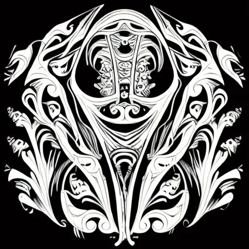 Prompt: a vector tattoo design in the style of victorian florid ornament, and in a spiky tribal style, and in the style of h. r. giger.