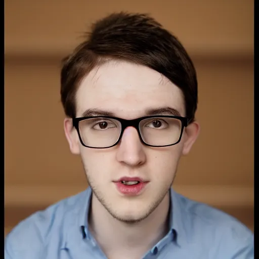 Prompt: An award winning photo of a white 25 year old male with glasses that have rectangular frames and short brown hair. He talks about video games on Youtube. The image has a blue border around it. DSLR camera with a large sensor. Deep shadows and highlights. f/2.8 or f/4. ISO 1600. Shutter speed 1/60 sec. Lightroom