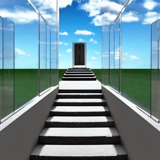 Prompt: steps into the sky leading to a floating door that opens up into another world