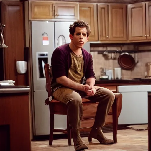 Prompt: dennis reynolds, sitting on a throne in a kitchen, cinematic style