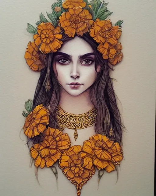 Image similar to beautiful marigold priestess portrait, carved ivory intricate gilding design, artgerm, watercolor, flowers