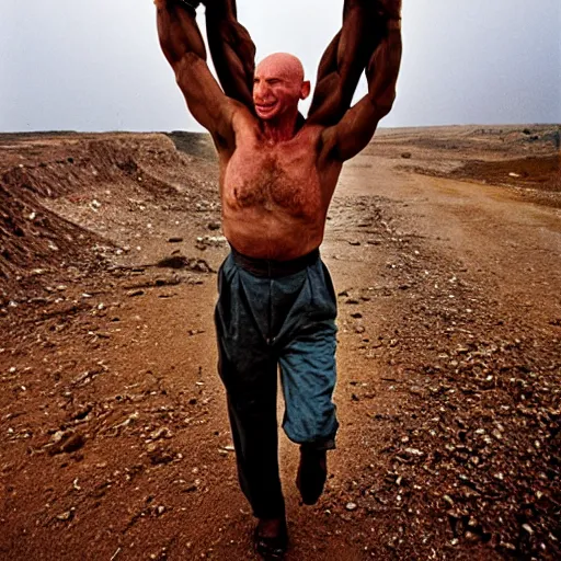 Image similar to a muscular bald man carrying two turbines on his back, portrait photograph, nikon 3 5 mm, photograph by annie leibovitz and steve mccurry