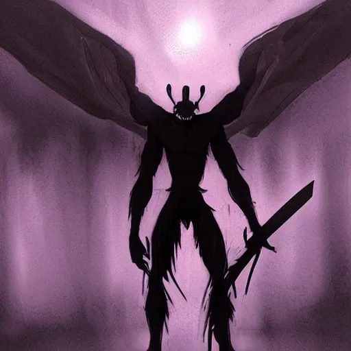 Prompt: a dark humanoid creature holding a blade, anime art, a vast, dark cave