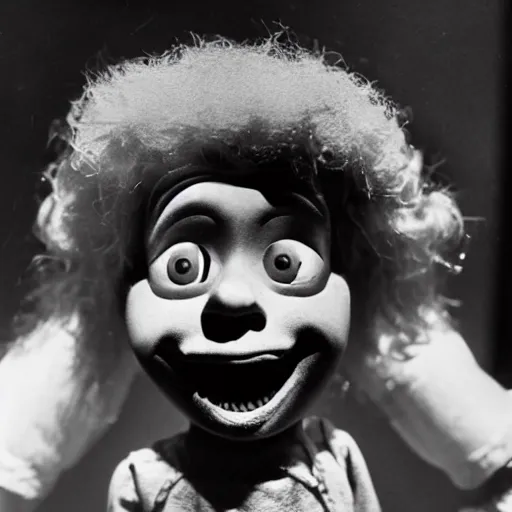 Prompt: high detailed portrait of a ventriloquist dummy in eraserhead staring and smiling, scary, horrifying, creepy