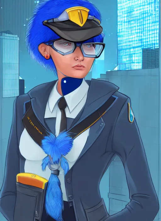 Prompt: A beautiful portrait commission of a female furry anthropomorphic avian blue bird fursona wearing a security guard uniform with a bullet proof vest. Cyberpunk city. 🐦