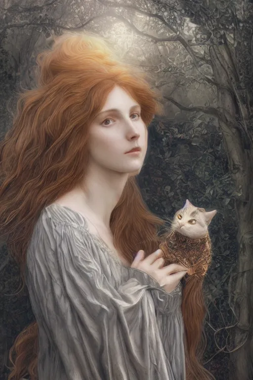 Image similar to A extremely beautiful pre-raphaelite portrait of a cute witch and her cat, surreal, ultradetailed, intricate, elegant, lithe, detailed, digital painting, artstation, concept art, smooth, sharp focus, illustration, ethereal, regal, award winning picture, extremely detailed masterpiece