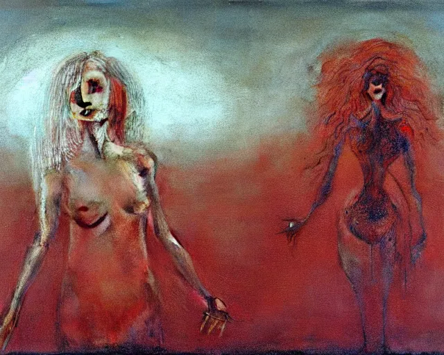 Image similar to by francis bacon, beksinski, mystical redscale photography evocative. dolly parton