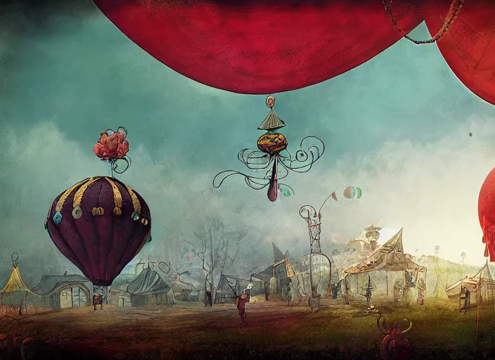 Image similar to octopus balloon flying over circus tent, lowbrow, matte painting in the style of alexander jansson,