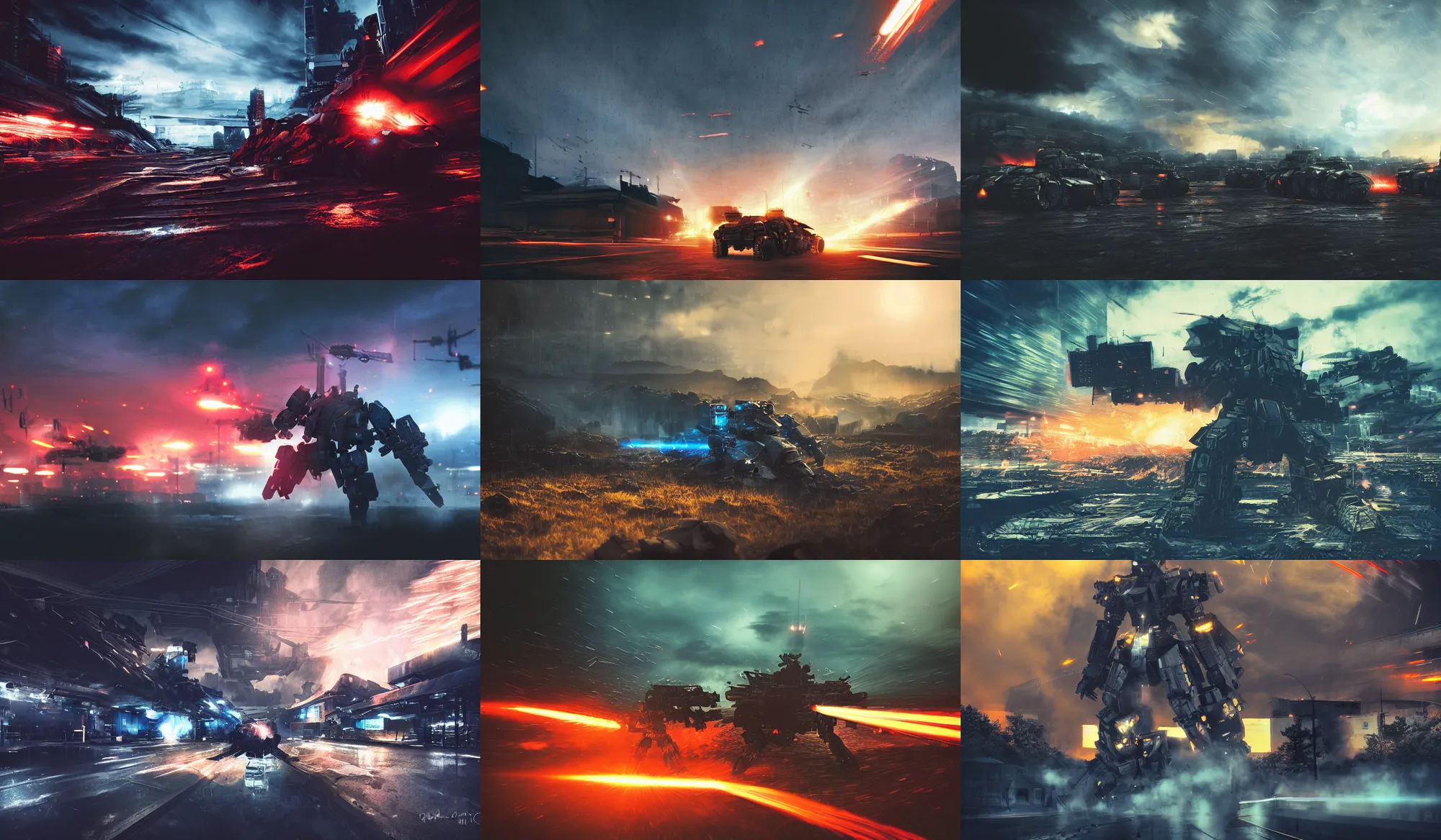 Prompt: armored core v by liam wong, booster flares, karst landscape, ; wide shot, outdoor, dark blue sky, cloud, wilderness ground, golden time, twilight ; digital painting, dynamic contrast, backlighting, bokeh, motion blur, photoreal, cinematic,