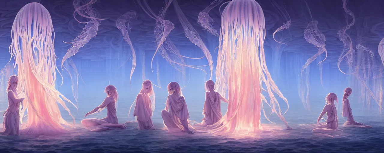 Prompt: A painting of priestesses worshipping at the jellyfish temple, shrouded in mist, jellyfish god, 8K, illustration, art by yee chong and sydney hanson and rossdraws and Stéphane Roux and artgerm and Makoto Shinkai and Mohiro Kitoh, smoke, cinematic, insanely detailed and intricate, hypermaximalist, elegant, super detailed, award-winning, mauve and cyan, mysterious, ancient, ritual, ethereal, trending in cgsociety, artstation HQ, ornate, elite, haunting, matte painting