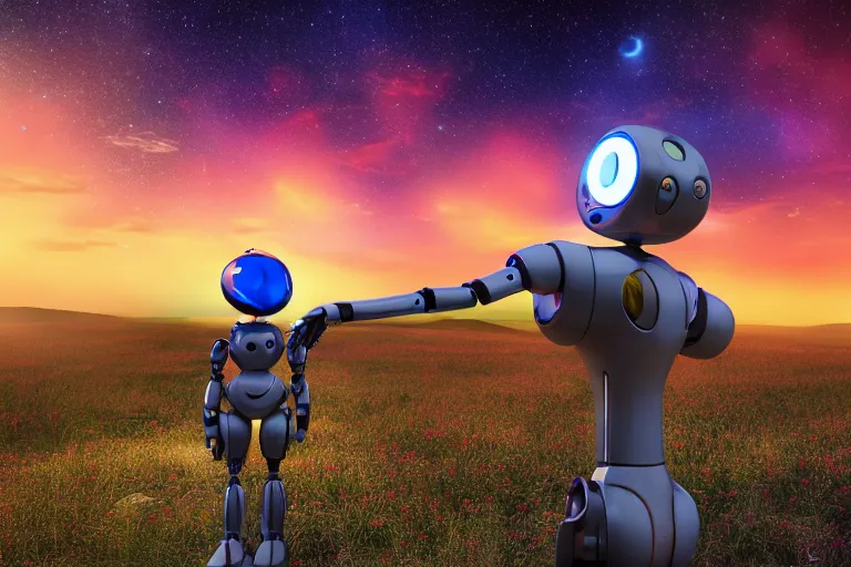 Image similar to a beautiful calm robot girl looking up to the stars, photograph, colorful background, render, 3 d, render, 8 k, 4 d,