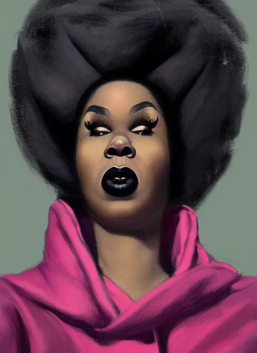 Prompt: portrait of a plump black woman with a crooked nose and a confident expression, 1 9 6 0 s, black clothes, goth, punk, brightly coloured hair, funk, intricate, elegant, highly detailed, digital painting, artstation, concept art, smooth, sharp focus, illustration, art by wlop, mars ravelo and greg rutkowski