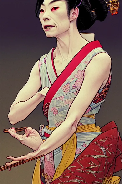 Prompt: clear portrait of gollum dressed as a japanese geisha, background hyper detailed, character concept, full body, dynamic pose, glowing lights, intricate, elegant, highly detailed, digital painting, artstation, concept art, smooth, sharp focus, illustration, art by artgerm and greg rutkowski and alphonse mucha