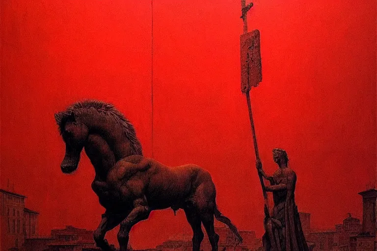 Image similar to only with red, caesar after war, a red tiger, in hoc signo vinces, rome in background, an ancient path, in the style of beksinski, part by hopper, part by rodcenko, part by hofbauer, intricate composition, red by caravaggio, insanely quality, highly detailed, masterpiece, red light, artstation