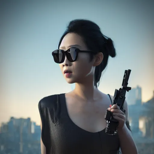 Prompt: asian woman with a pistol with a face like zhang ziyi, long hair in a ponytail, wearing sunglasses, a black vest and black gloves, 3 d, unreal engine 5, octane render, detailed, cinematografic, cinema 4 d, nvidia ray tracing graphics, artstation, greg rutkowski style