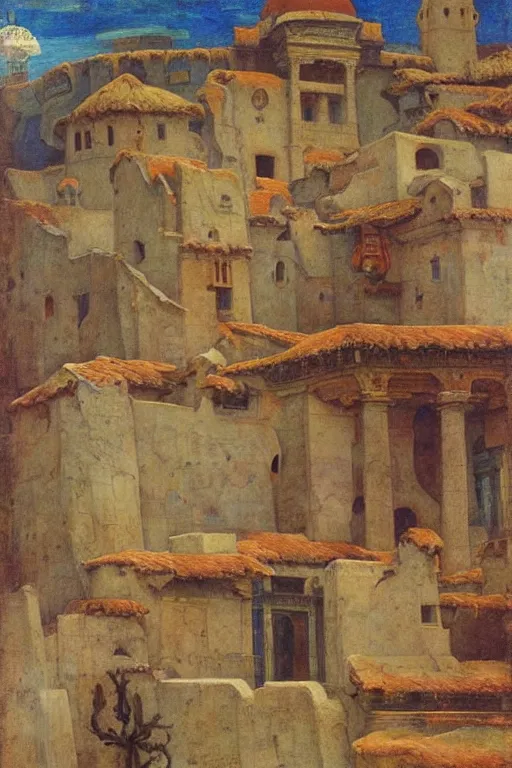 Image similar to ancient city by the sea by Annie Swynnerton and Nicholas Roerich, strong dramatic cinematic lighting , ornate architecture, lost civilizations, smooth, sharp focus, extremely detailed