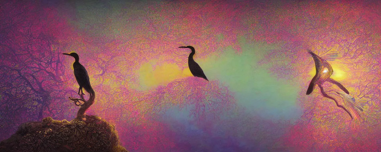 Prompt: a luminous baroque springtime fairytale an of iridescent cormorant bird perched atop the beautiful colorful blooming tree. Glorious heavenly pastel light shining upon and illuminating the impressive symmertrical centered Tree of Life. Paradise Lost, colorized. By Gustave Doré, colorful, light, oil on canvas, light colorful pastel color scheme. Volumetric lighting, rendered with unreal engine 5, Octane, trending of CGSociety. Neon light, masterpiece 4k digital illustration, award winning, Artstation, intricate details, realistic, panoramic view, volumetric lighting, Hyperdetailed, 8k resolution, intricate art nouveau, rendered in Unreal Engine 3