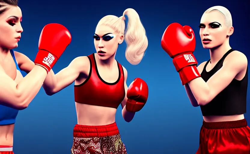 Image similar to girl boxing with drag queen, no blur, 4 k resolution, ultra detailed