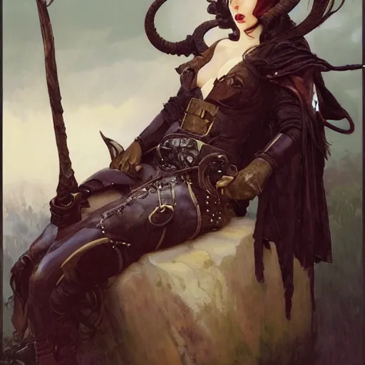 Prompt: masterpiece portrait of a surly and resentful female tiefling thief with horns clothed in ragged leather armor and a cloak, by Greg Rutkowski and John Collier and Krenz Cushart and Artem Demura and Alphonse Mucha and Albert Aublet, as seen on ArtStation, 4k, dungeons and dragons, very aesthetic, very detailed, intricate, unreal, fantasy, dramatic, painterly, artstation, sharp focus, smooth