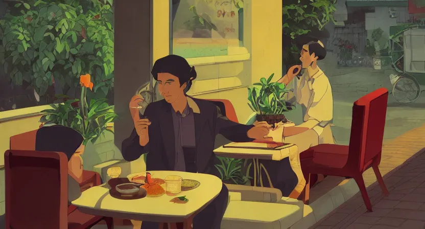 Prompt: isometric view, guy having chai and smoking, happy, flowers, absurdly beautiful, elegant, realistic ultrafine hyperrealistic detailed face illustration by amrita sher - gil and studio ghibli, intricate linework, sharp focus, bright colors, matte, unreal engine highly rendered, global illumination, radiant light, intricate environment