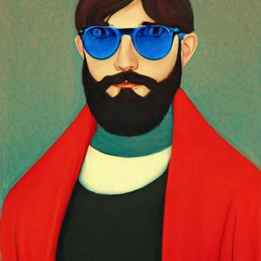Prompt: front portrait of duke leto atreides, avatar photo, short beard, long hair, hipster haircut, rayban sunglasses, painted by Edward Hopper