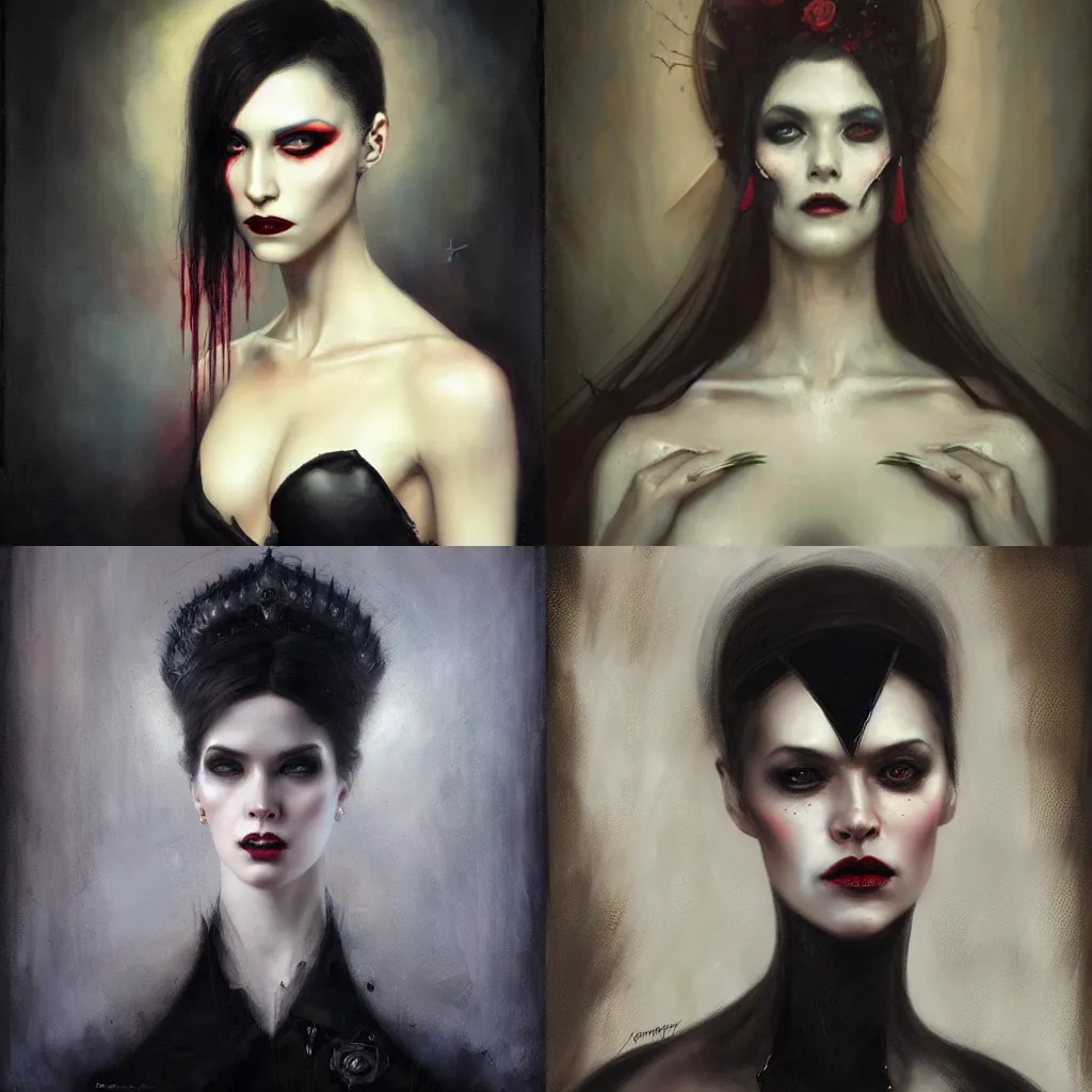 Prompt: portrait of a vampire queen by Tom Bagshaw and Guy Denning