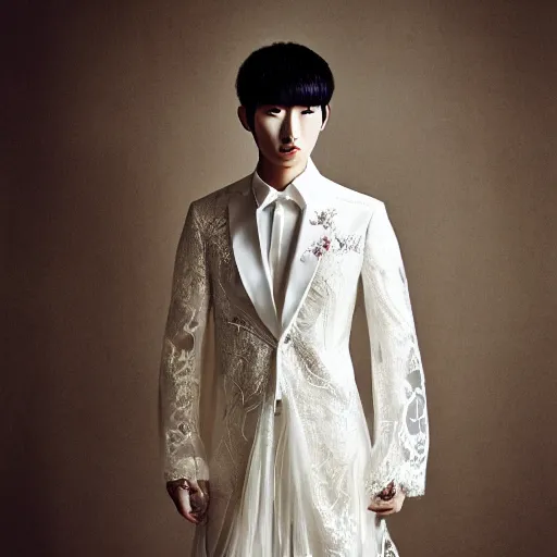 Image similar to a realistic detailed portrait of beautiful young korean male wearing a translucid lace wedding gown designed by alexander mcqueen, photographed by andrew thomas huang for a fashion editorial
