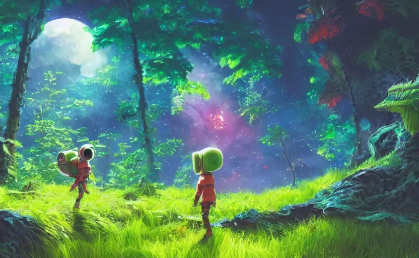 Image similar to a still of a cute adorable tiny astronaut, on a planet of lush colorful foliage, with an enormous kaiju dragon surrounding the full background, magical forest, sharp focus, neon backlit, highly detailed, disney pixar studio ghibli makoto shinkai, digital painting, matte, octane render, global illumination, iridescent, anime, 8 k concept art