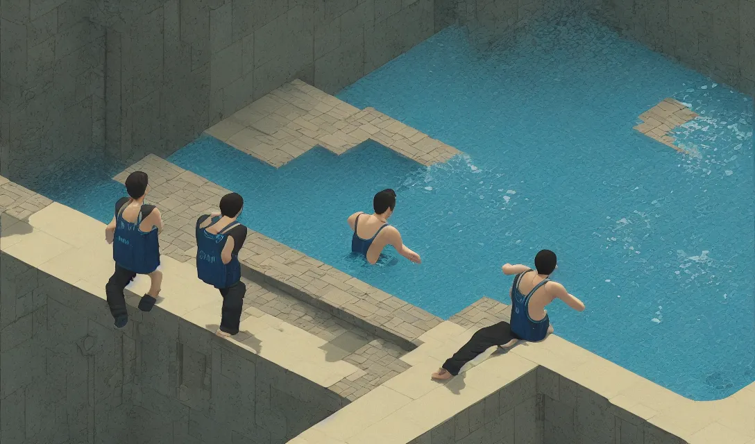 Image similar to Water plunge pool, using weighted vests, I watch the others go down, I don't want to do it myself, flat design, screen print by Kawase Hasui and dan hillier, 8k unreal engine