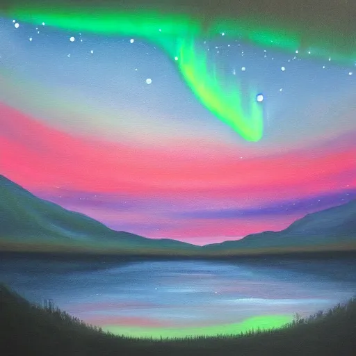 Image similar to a painting of the aurora borealis in the night sky, an oil on canvas painting by Nína Tryggvadóttir, deviantart, metaphysical painting, bioluminescence, nightscape, sense of awe