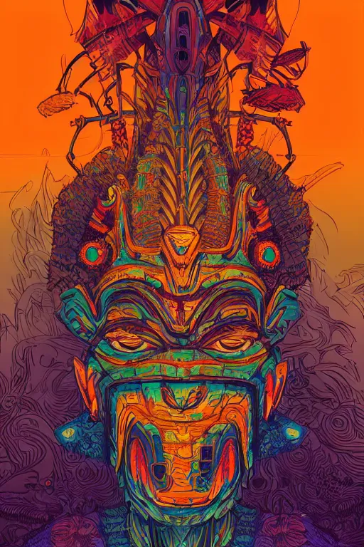 Image similar to totem animal tribal chaman vodoo mask feather gemstone plant video game illustration vivid color borderlands and by feng zhu and laurie greasley, victo ngai, andreas rocha, john harris radiating a glowing aura