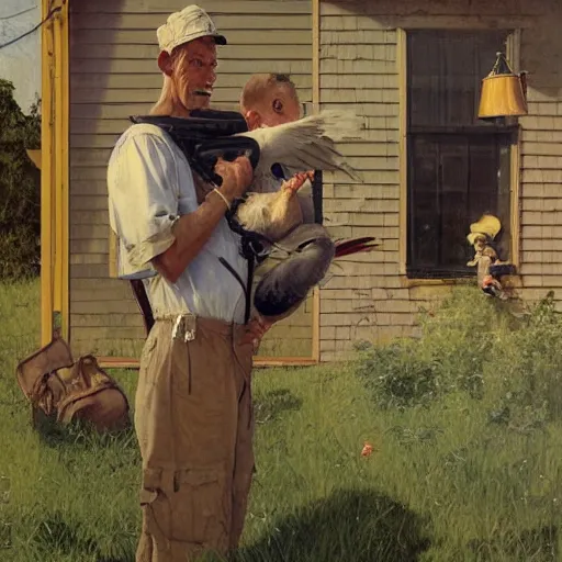 Image similar to a stork is carrying a human baby with a bag in its mouth. a man is chasing the stork away with a shotgun. they're in a trailer park. norman rockwell painting. highly detailed, high quality, 8 k, soft lighting, realistic face, path traced