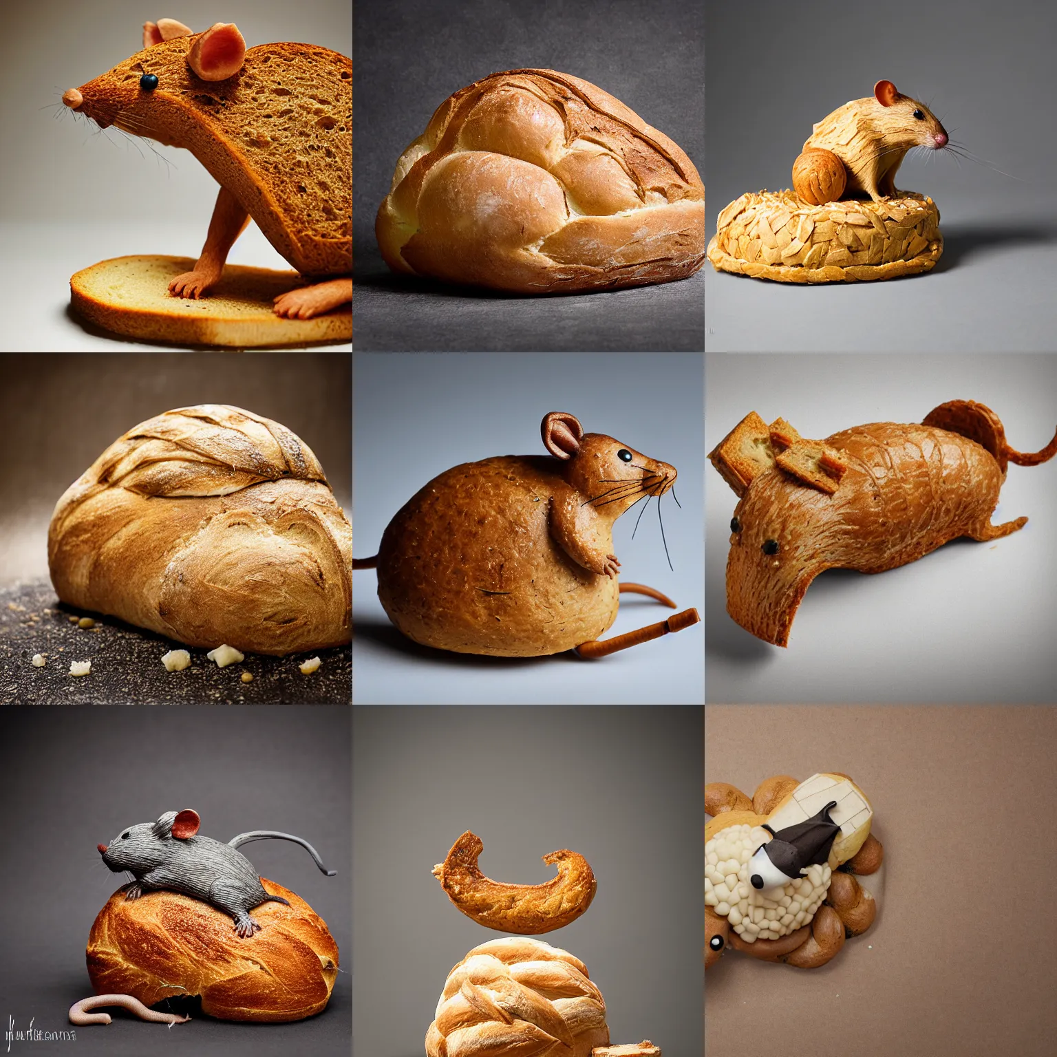 Prompt: an edible rat!!! sculpture! made entirely out of ( ( bread ) ), food photography, studio lighting, delicious