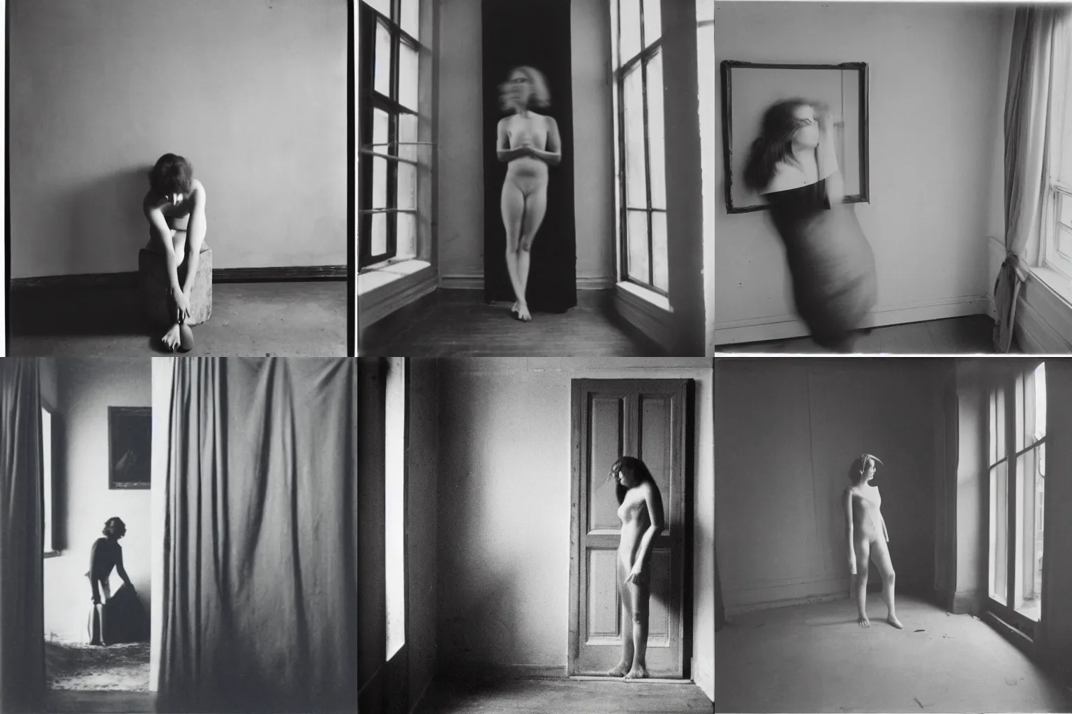 Prompt: a photograph of a woman in a room by Francesca Woodman