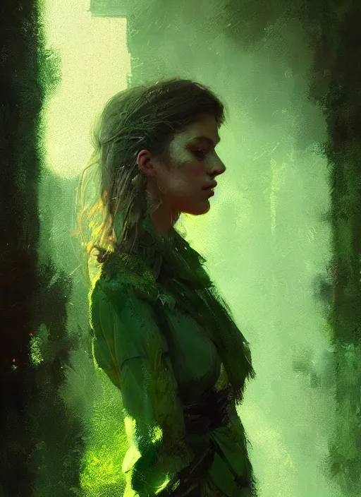 Prompt: outdoor portrait of a beautiful girl, shades of green, beautiful face, rule of thirds, intricate outfit, spotlight, by greg rutkowski, by jeremy mann, digital painting