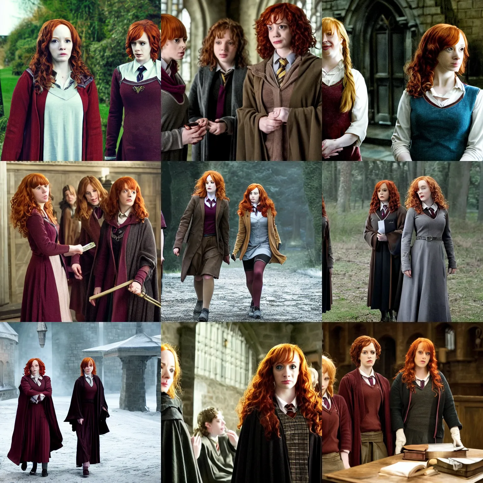 Prompt: female hogwarts student together with ron and hermione played by christina hendricks, movie still harry potter and the deathly hallows by david yates