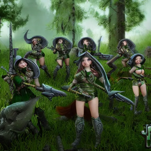 Image similar to squad of beautiful armed girls in army of nurgl warhammer in fantasy green forest between a trees fights with a monster, dark fantasy, highly detailed, trending on artstation, Unreal Engine 4k