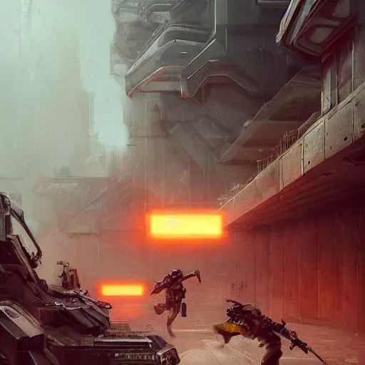 Image similar to concept art by greg rutkowski, soldiers in futuristic tactical gear, running around the outside of a space colony, futuristic, brutalistic environment, scifi, detailed and intricate environment, reddish lighting, stressful atmosphere, high technology, highly detailed portrait, digital painting, artstation, concept art, smooth, sharp foccus ilustration, artstation hq.