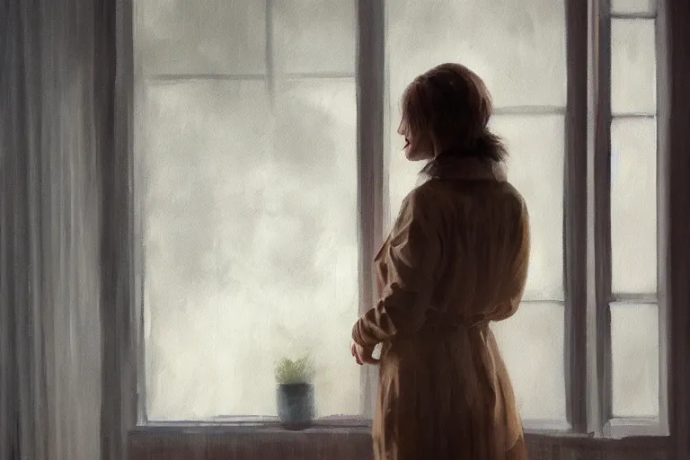 Prompt: a painting of a woman staring out a foggy window in a suburban home by jama jurabaev, cinematic shot, trending on artstation, high quality, ultra realistic