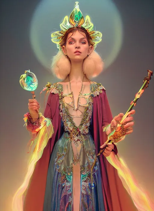 Image similar to an anthropomorphic beautiful goddess female wizard made of angel portrait holding a staff wearing colourful robe, fine art, award winning, intricate, elegant, sharp focus, octane render, hyperrealistic, cinematic lighting, highly detailed, digital painting, 8 k concept art, art by jamie hewlett and z. w. gu, masterpiece, trending on artstation, 8 k