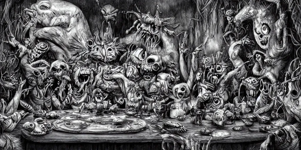 Image similar to a dark ritual performed by evil frogs from alice in wonderland, hyper - detailed, expression, energetic, horror, creepy, scary, digital art