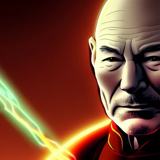 Prompt: a portrait of Patrick Stewart as airbending master Tenzin by Zack Snyder, Christopher Nolan, Steven Spielberg, Avatar the Last Airbender, Legend of Korra, 8k photorealistic, cinematic lighting, HD, high details, dramatic, trending on artstation, view from below, dark atmosphere