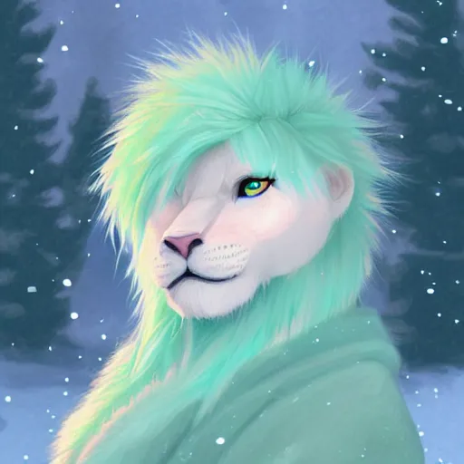 Prompt: aesthetic portrait commission of a albino male furry anthro lion wearing a cute mint colored cozy soft pastel winter outfit, winter atmosphere. character design by chunie, kristakeshi, sigmax, ross tran